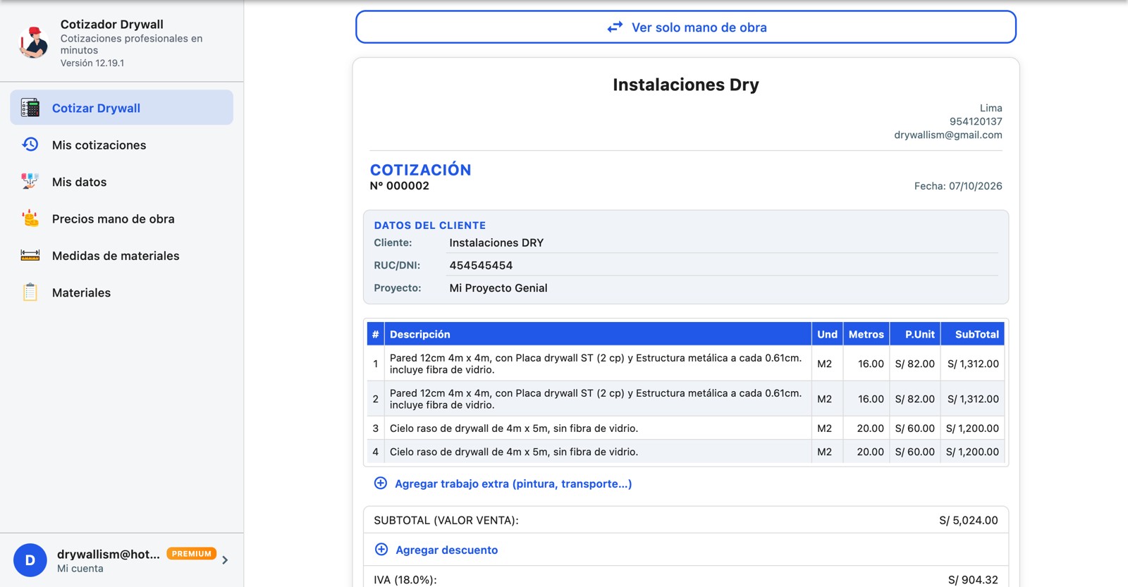 Cotizador Drywall: cotización con Drywall, Baldosas y Tijerales y total a todo costo